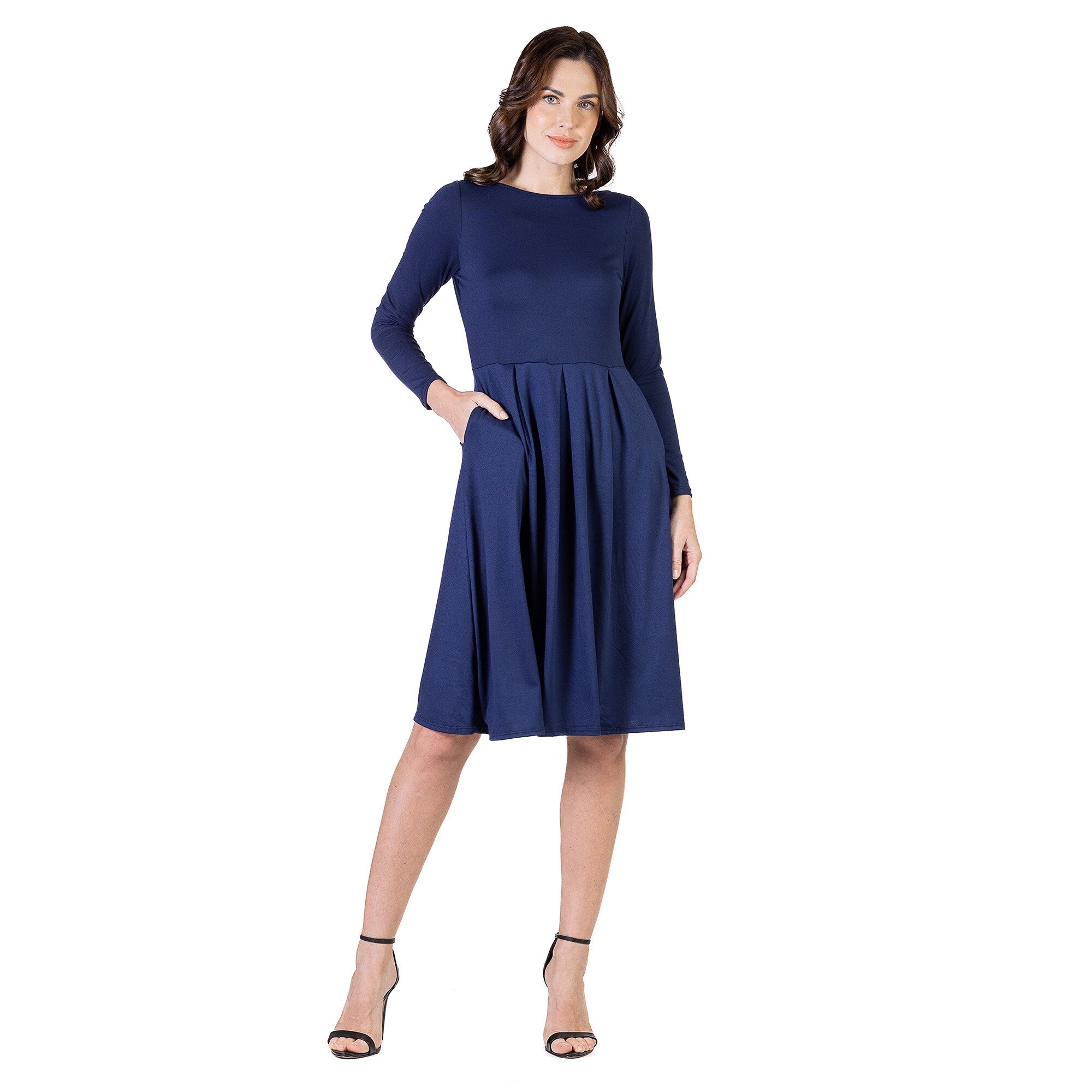 24seven-Comfort-Apparel-Midi-Length-Fit-N-Flare-Pocket-Dress
