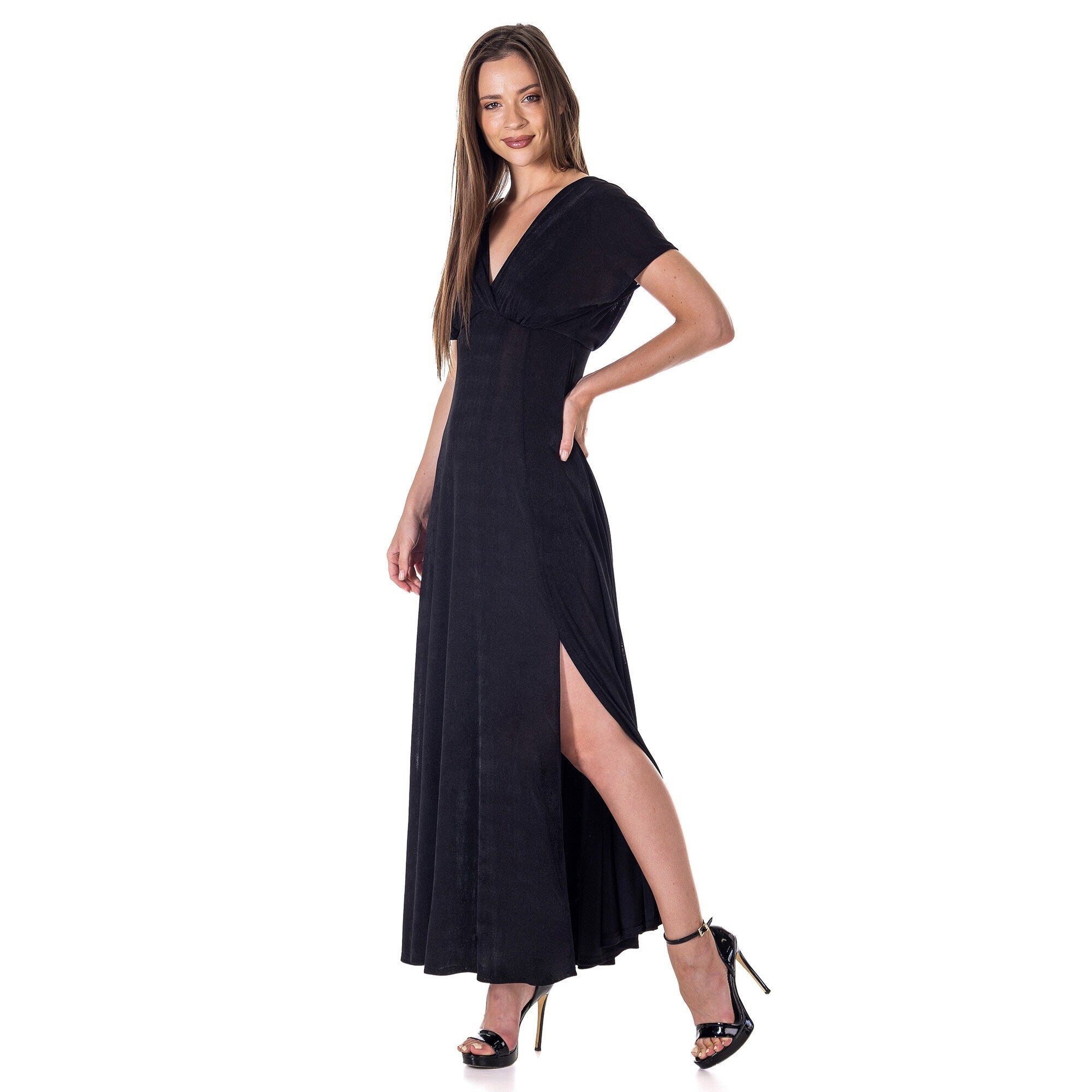 24seven-Comfort-Apparel-Womens-Flutter-Sleeve-Metallic-Knit-Maxi-Dress-Front-Slit-Empire-Waist